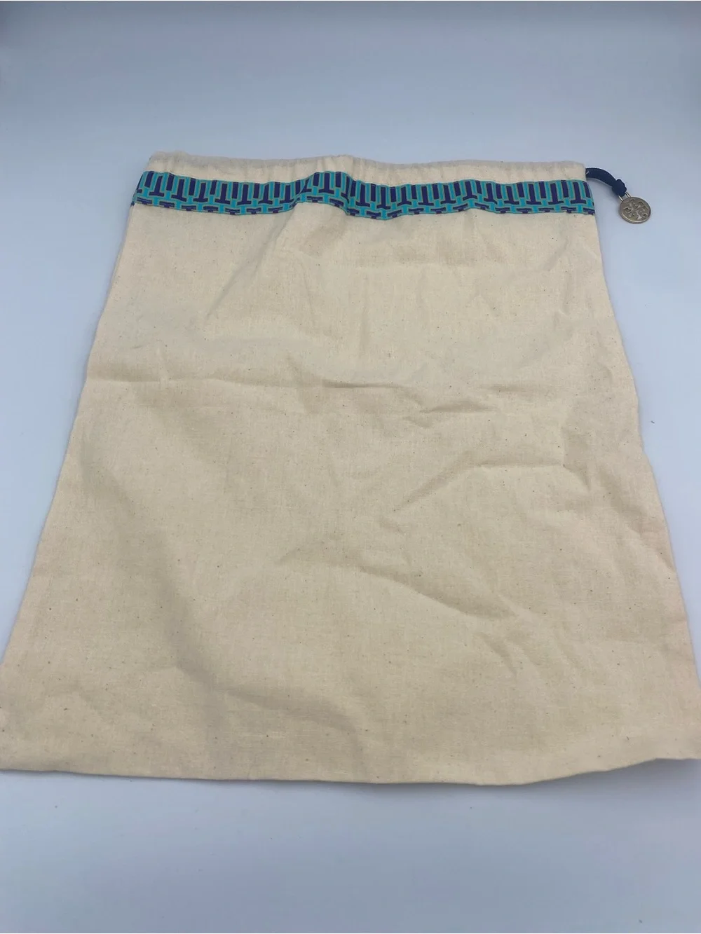 Tory Burch Natural Canvas Drawstring Bag with Blue Trim